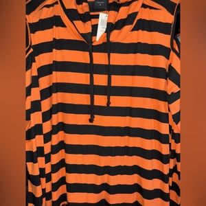 PLUS SIZE ORANGE AND BLACK STRIPED COLD SHOULDER PLUS SIZE LONG SLEEVE WITH HOOD
